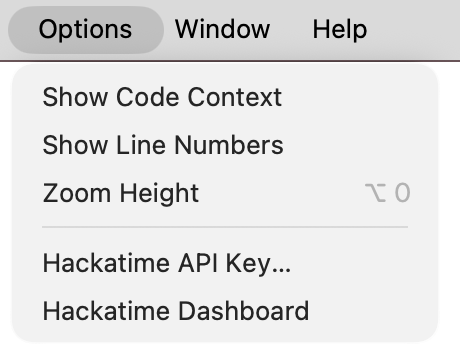IDLE Options menu with the Hackatime API Key and Hackatime Dashboard items